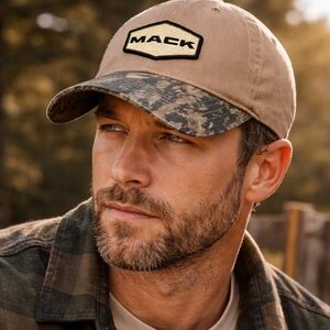 Mack Trucker Hat Camo Bill Tan Adjustable Cap Rustic Outdoors Hunting NWT